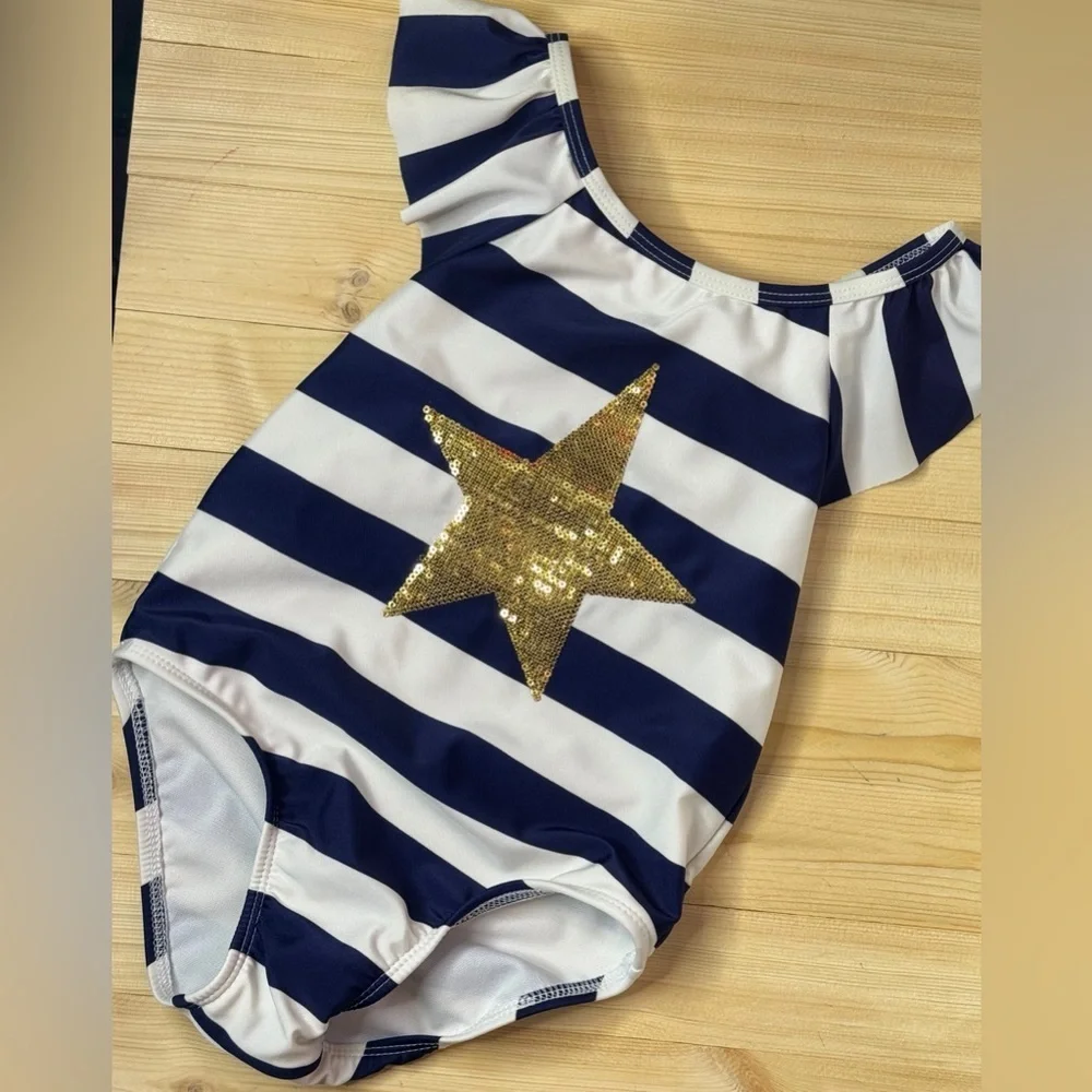 Cat & Jack Navy Stripe One Piece Swimsuit Gold Star Girls 5T Beach Swimwear